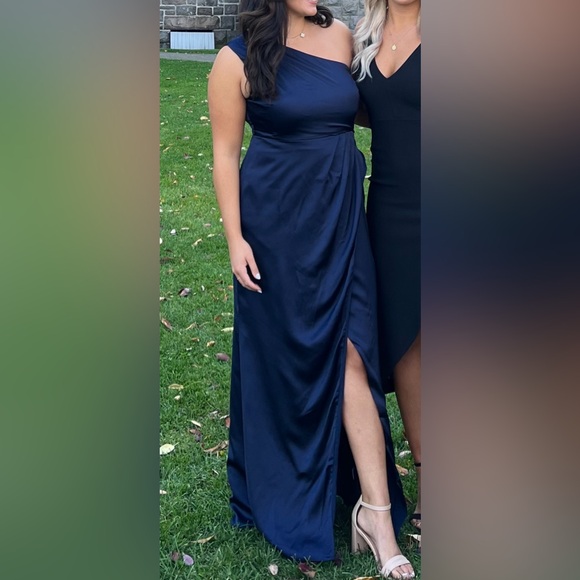 One shoulder satin navy maxi dress (altered/hemmed) - Picture 2 of 9